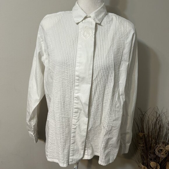 Vtg Hunt Club Women Long Sleeve Button Up Tuxedo Shirt White Pleated Sz 14 Flaw - Picture 1 of 9